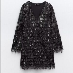 Zara Shimmering Black Fringe Dress